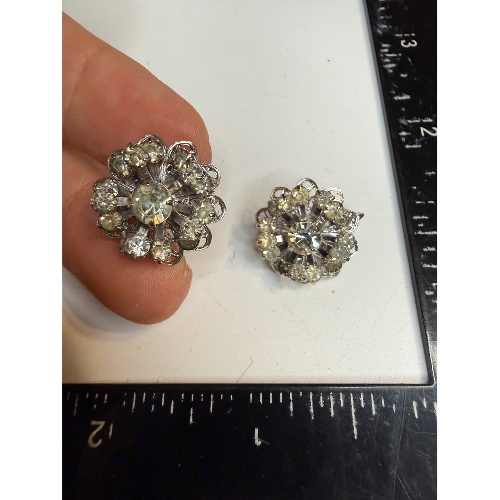 Sarah Coventry Silver Tone Clear Rhinestone Floral Sunburst Clip On Earrings